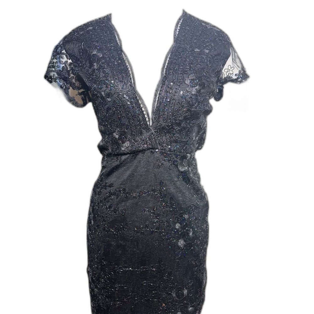 Lucy in the Sky Lani Sequin Plunge Dress Small Black Lace Winter Formal Sparkle